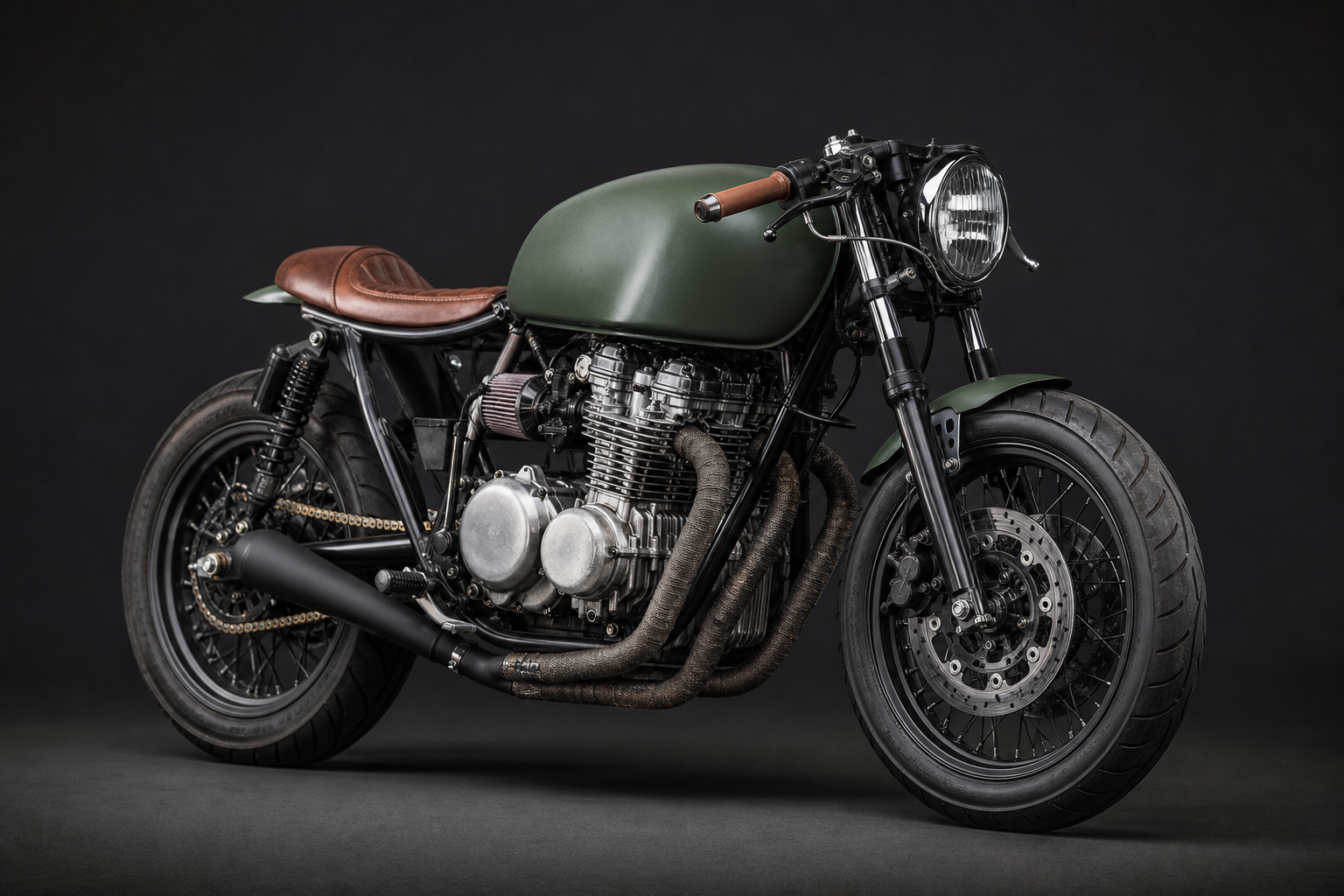 Custom cafe-racer build render in matte forest green