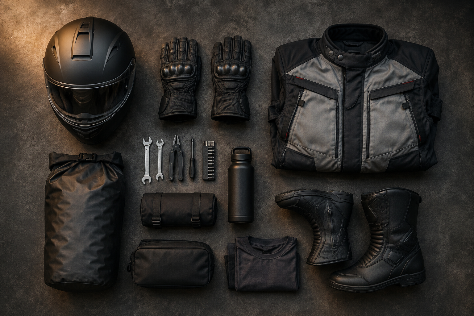 Flat-lay of touring gear and packing checklist