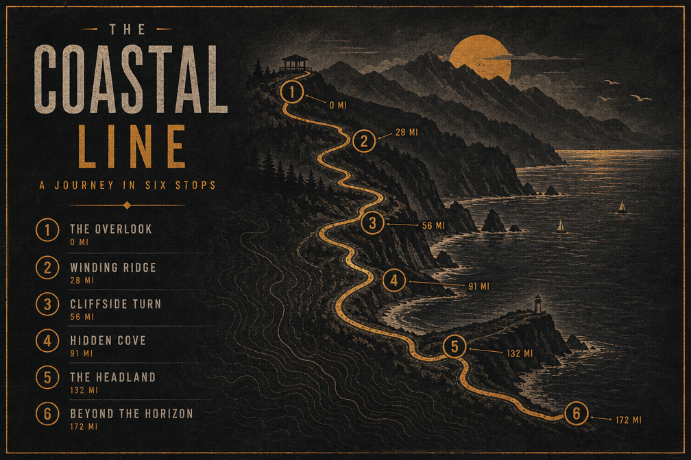 Concept route poster with numbered stops and mileage